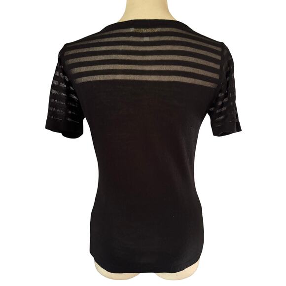 Cache Black Top Alternating Peek A Boo Sheer Stripe Shoulders Sleeves Stretch - Picture 4 of 4
